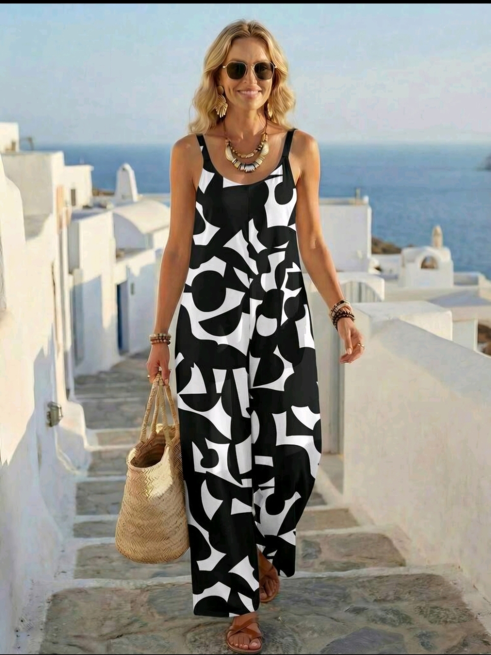 Black & White Abstract Wide-Leg Jumpsuit